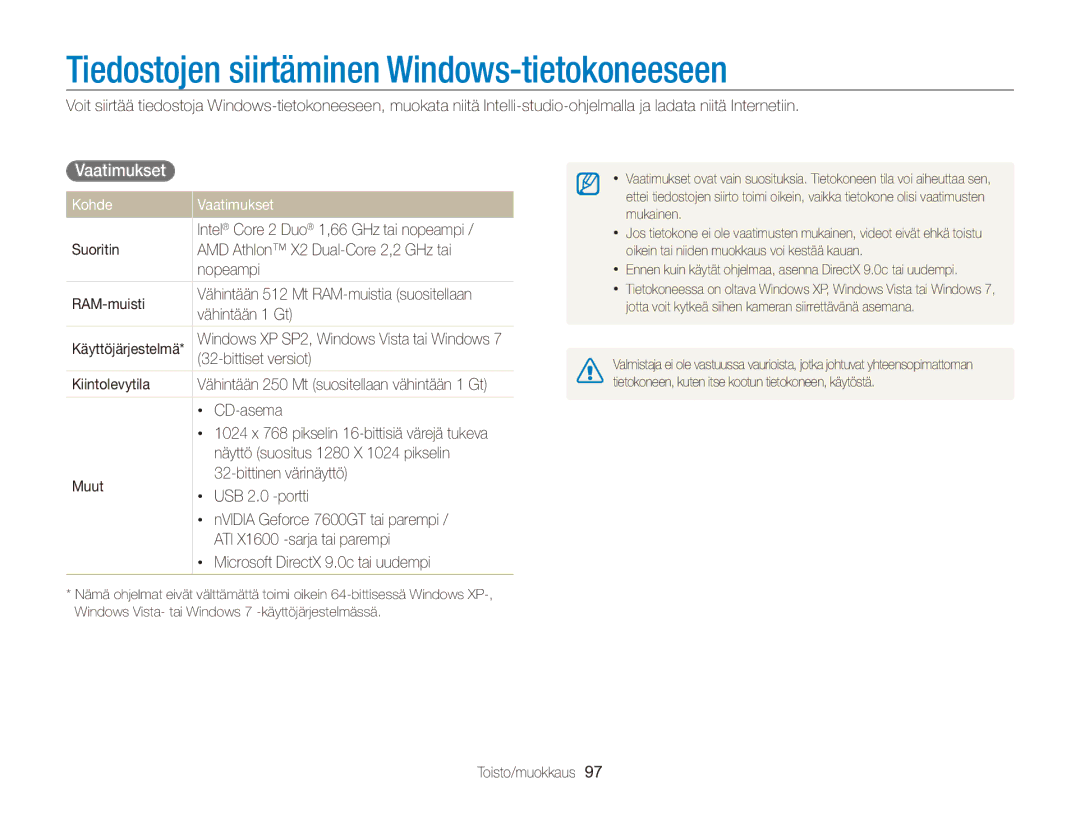 Samsung EC-ST96ZZBPBE2 manual Tiedostojen siirtäminen Windows-tietokoneeseen, Vaatimukset , Kohde Vaatimukset 